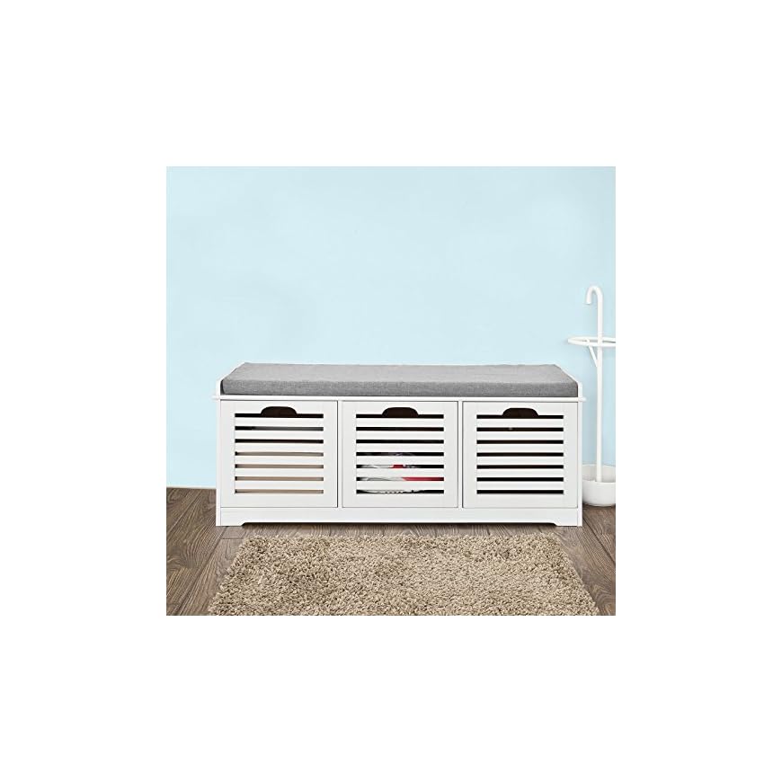 Haotian FSR23W, White Storage Bench with 3 Drawers & Padded Seat
