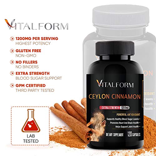 VitalForm Cinnamon Capsules - Organic Ceylon Cinnamon - 120 Ceylon Capsules - Supports Healthy Glucose Balance- Blood Sugar Support - Cinnamon Supplements - 1200 mg