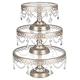 Amalfi Decor Cake Stand Set of 3 Pack with Glass Tops, Dessert Cupcake Pastry Candy Display Plate for Wedding Event Birthday Party, Round Metal Pedestal Holder with Crystals, Champagne