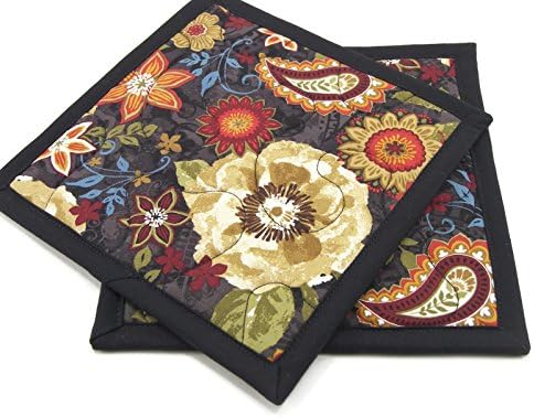 Black Floral Cotton Pot Holders - Set of 2 - 8 Inch Kitchen Potholders