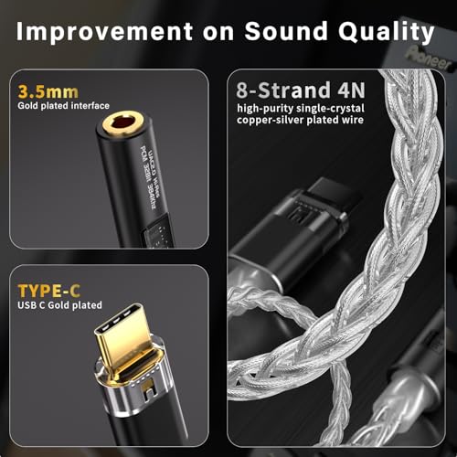 USB C to 3.5mm Audio Adapter with Dual Chip CX31993 MAX97220 DAC & HiFi Amplifier, 8-Strand 4N Single Crystal Silver-Plated Copper Cable,USBC to Headphones Aux Dongle for Android iPhone PC Mac (Black)