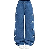 Nivne Tco Girls Baggy Jeans, Bow Embroidered Wide Leg Pants for Girls, Casual Loose Fit Elastic Waist Denim Pants