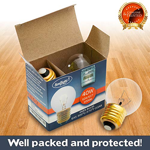 Oven Light Bulbs - 40 Watt Appliance Replacement Bulbs for Oven, Stove, Refrigerator, Microwave. Incandescent - High Temp G45 E26/E27 Socket. Medium Brass Lead-Free Base - 400 Lumens - Clear. 2 Pack - Thumbnail 6