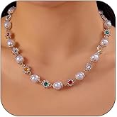 Colorful Daisy Choker Necklace for Women Rhinestone Flower Pearl Choker Gold Daisy Pearl Necklace Colorful Beaded Necklace Statement Jewelry