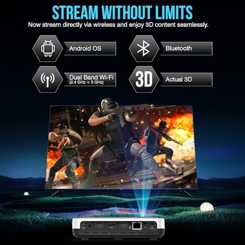 Boss Projector 4K S7 | 7000 Lumens, 3D Android Smart Projector - 3840x2160 Resolution, Free Projector Screen, Free Mount, 300" Display, Bluetooth & Wi-Fi - Home Theater