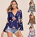 Moilant Women Floral Print T Shirt Deep V Neck Knot Shirts Long Sleeve Flare Sleeve Blouse Top Redthumb 3