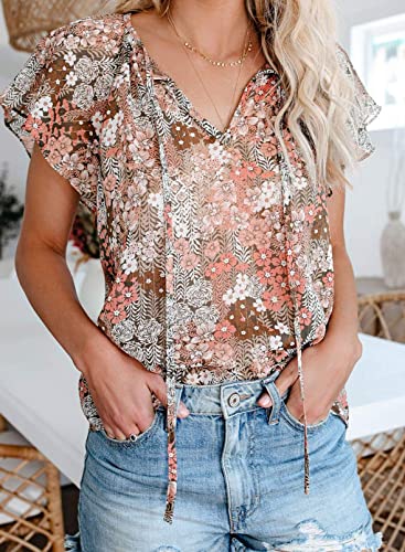 Boho Tops for Women Summer Floral Printed Pleated Casual Cute V Neck Shirts (A-Khaki,M)