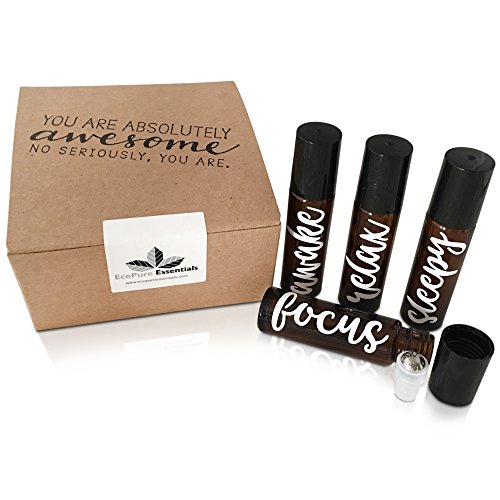 10 ml, Empty, Glass Roll On Bottles with Stainless Steel Roller Balls, Vinyl Labels and Black Lids. Perfect for Essential Oils, Perfume and DIY Blends. Makes Great Gift. 4 Per Box