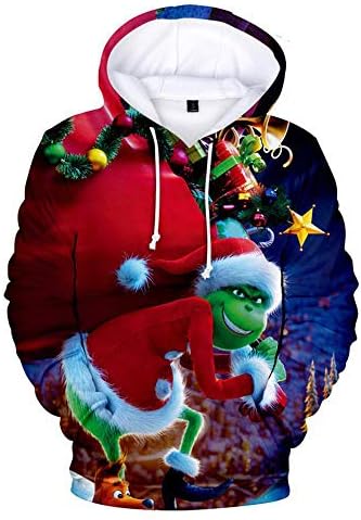 DWYRD Sweatshirts Christmas Pullover Green Monster The Grinch Drawstring Pockets Unisex 3D C-XS