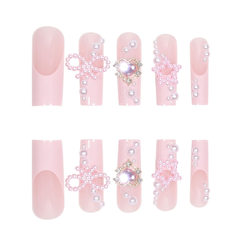 Cute Press on Nails Long Square Y2K BAOYAALIN, Pink Fake Nails with 3D Alloy Rhinestones Pearls Design Gel Glue on Nails for Women Girls Acrylic Artificial False Stick on Nail for Wedding 24Pcs - Image 3