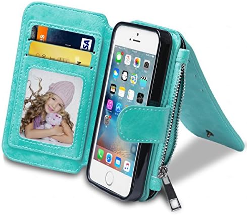 iPhone 5S Case, WINNETEK PVC Material Waterproof iPhone 5S Wallet Case, 2 in 1 Zipper Purse with Card Slots Detachable Shockproof Soft Rubber Bumper Case for iPhone 5 5s - Mint