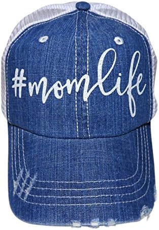 White Glitter #MomLife Distressed Torn Look Denim Trucker Cap Hat (Blue Denim Front)