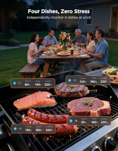GoveeLife Bluetooth Wireless Meat Thermometer with 4 Probes, WiFi Unlimited Range, ±1.8℉ Accuracy, IP68 Waterproof Real Time Monitoring Digital Food Thermometer for Kitchen, BBQ, Grill, Oven, Smoker
