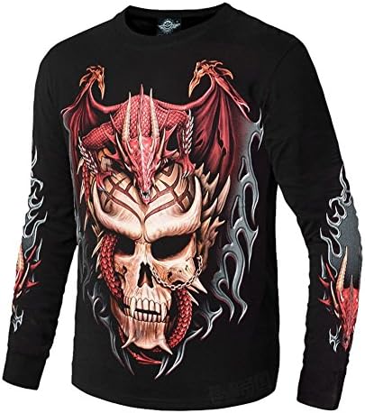Rock Empire Ghost Red Dragon Design 3D Luminous Punk Men's Long Sleeve Tee Shirt (XL)