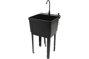 LyeXD Utility Sink Laundry Tub, Freestanding Wash Station Tub Garage Sink with Rotatable Faucet&Soap Dispenser, Heavy Duty Slop Sink Plastic Laundry Sink for Basement, Garage or Shop, Black