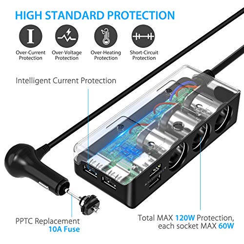 [Quick Charge 3.0] 3-Socket Cigarette Lighter Adapter, 120W 12V/24V Car Power DC Outlet Splitter with 8.5A 4 USB Charging Ports Car Charger (Black) - Thumbnail 3