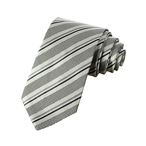 Mens Striped Grey Black White Jacquard Woven Silk Tie Necktie