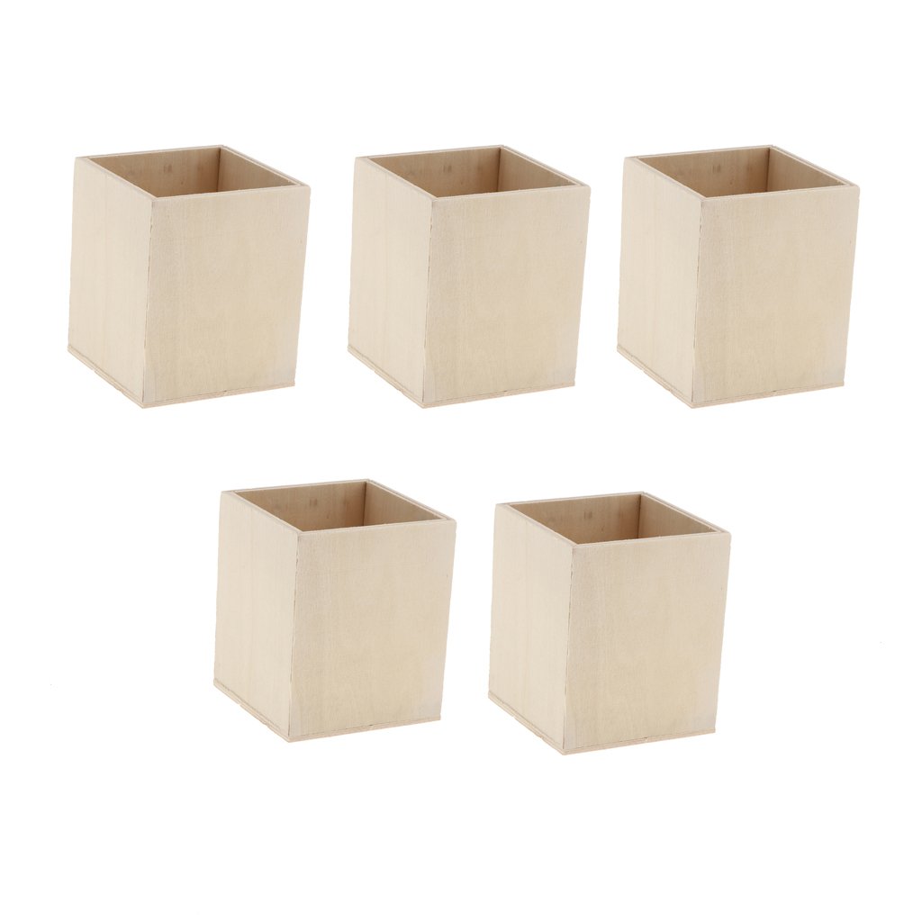 Sharplace 5x Unfinished Wood Square Pen Container Brush Box for Kids Children DIY Painting Wooden Box Cover Craft