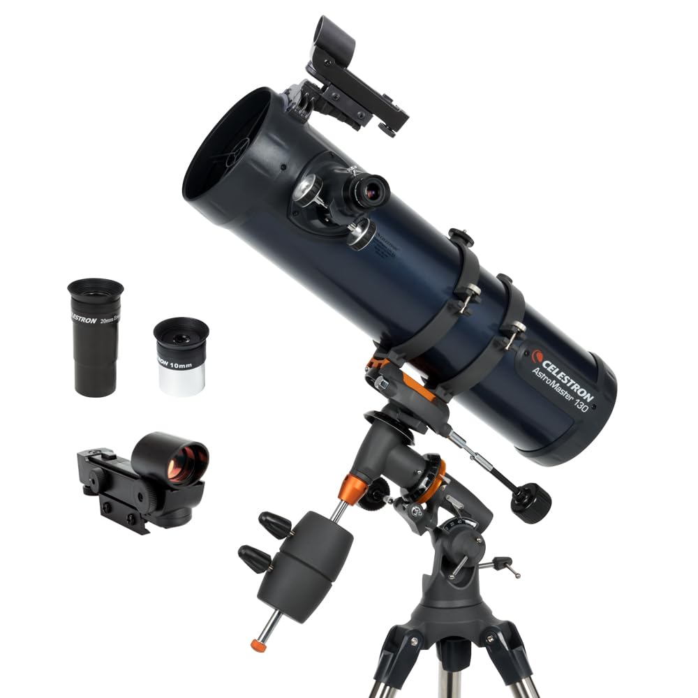 Celestron – AstroMaster 130EQ Newtonian Telescope – Manual Reflector for Beginners – Aluminized Mirror – Adjustable-Height Tripod – Includes Accessories Plus Astronomy Software Package