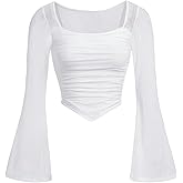 Floerns Girls Bell Long Sleeve Square Neck Asymmetrical Hem Mesh Ruched Crop Tops Tees