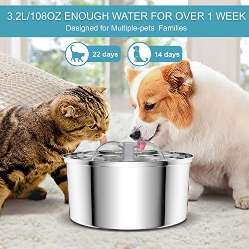 BLUZZO Cat Water Fountain Stainless Steel with Filter, 3.2L/108Oz Large