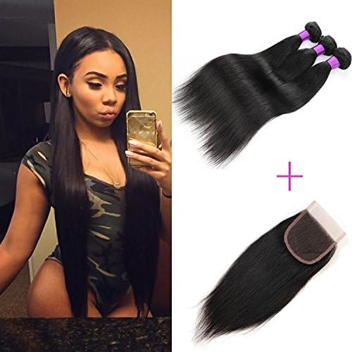 Mealid Hair Brazilian Straight Virgin Hair Bundles With Closure 3 Pcs Human Hair Weave With Lace Closure (20 22 24 With 18 Free Part )