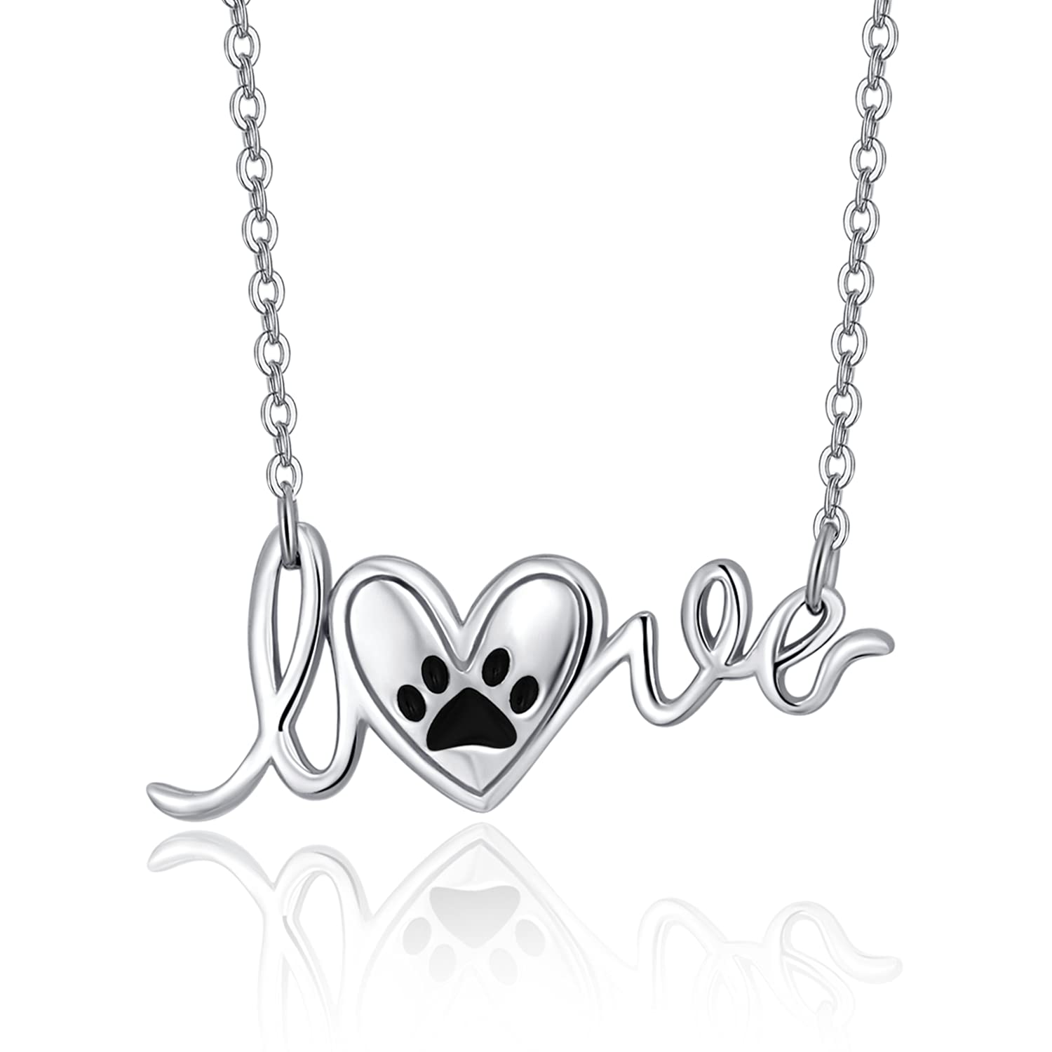 Dog Paw Print Heart Necklace S925 Sterling Silver Love Pendant Cute Puppy Cat Pet Paw Memorial Jewellery Gifts for Women Girls 18" + 2" Chain