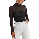 Women's Sexy Mock Turtle Neck Long Sleeve Tops Sheer Mesh Ruched Trendy Going Out Top Shirts Blouse