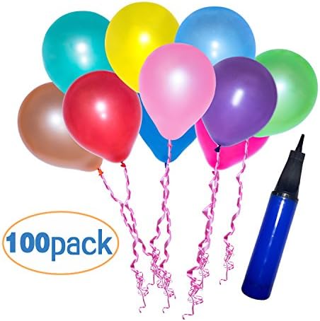 100 Premium Quality Balloons: 10 inches Assorted Colours Latex Party Balloons with a Blue Balloon Pump