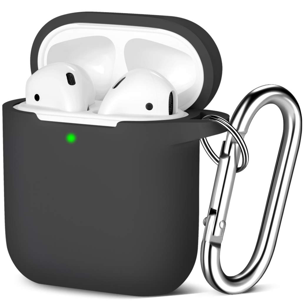 Maledan Compatible with Airpods Case 2 & 1, Silicone Shockproof Protective Case for Airpod Skin Cover, Waterproof [Front LED Visible] Support Wireless Charging with Carabiner, Black — image 1