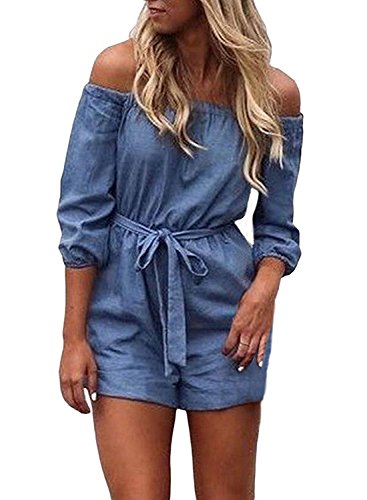 Women's Off Shoulder Half Sleeve Denim Short Romper Jumpsuit with Belt