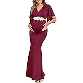 AISWI Maxi Maternity Dress Semi Formal Baby Shower Wedding Guest V-Neck Handkerchief Sleeves Elegant