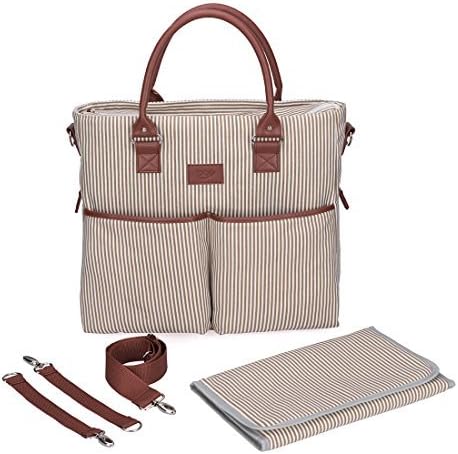 French stripe Canvas Diaper Bag - Waterproof Changing Pad - Unisex (Brown)