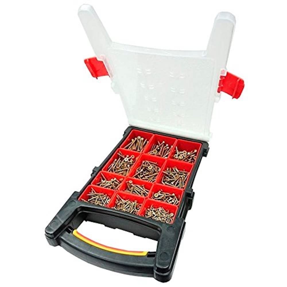 Merriway BH06611 (1000 Pcs) Assortment of Yellow Single Thread Double CSK Woodscrews in a 12 Compartment Carry Case - Pack of 1000 Pieces