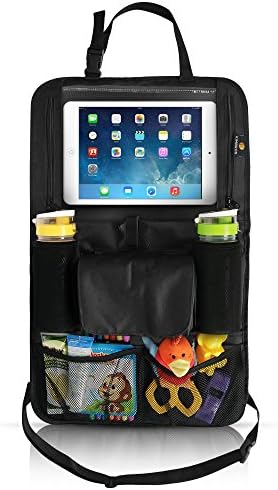 Kimbros Backseat Organizer with Tablet Holder for Any Age, (Holds IPAD PRO 10.5), Multiple Pockets, Side Double Zipper for Cables, Extra Long Harness with Buckle for Any Size car, Baby Wipe Pouch