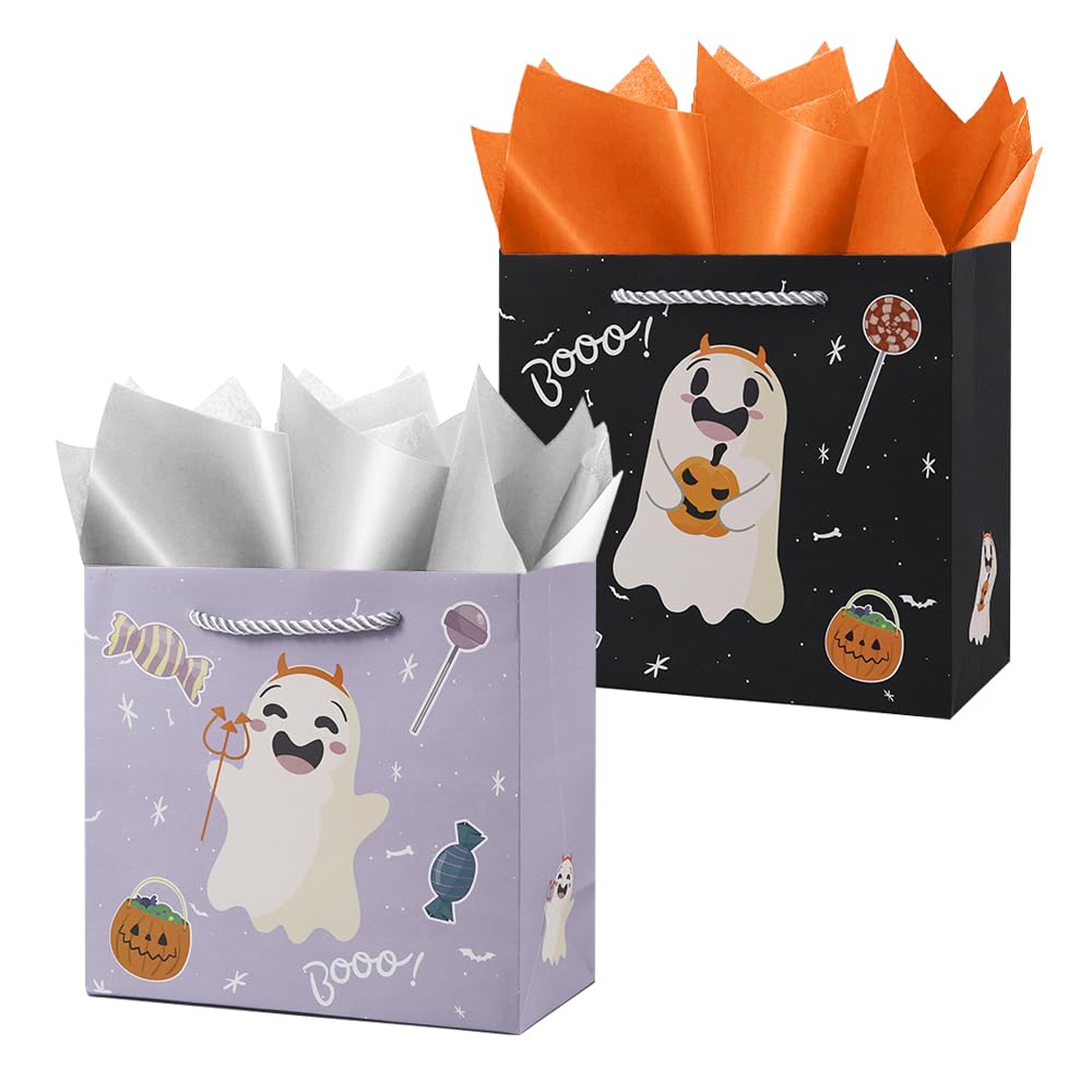 Photo 1 of 2 Pack 8.8"Boo Halloween Bags with Tissue Paper Large Trick or Treat Gift Bags for Halloween