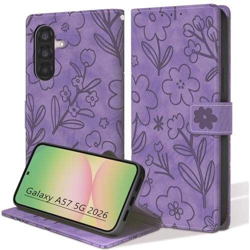 Bemoloon Flip Flowers Case for Samsung Galaxy A57 5G 6.7" SM-A576B/DS Mobile Phone Case with Card Slots and Pocket, Purple Flower