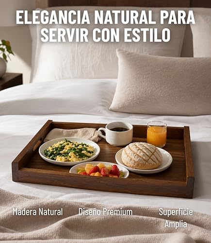 Charola de Servicio de Madera Parota 55x38x7 cm Bandeja Rectangular Grande para Desayuno en Cama Cocina Mesa Decorativa con Asas Integradas Color Nogal para Servir Alimentos Bebidas y Botanas Hogar XL