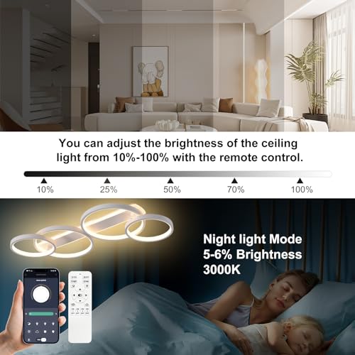 Modern LED Ceiling Light, 48W 3000K-6500K, 4 Rings Round Design Bedroom Lighting, Interior Decorative Light with Remote Control APP Dimmable, Chandelier Lamp for Living Room, Office, Kitchen, Hallway