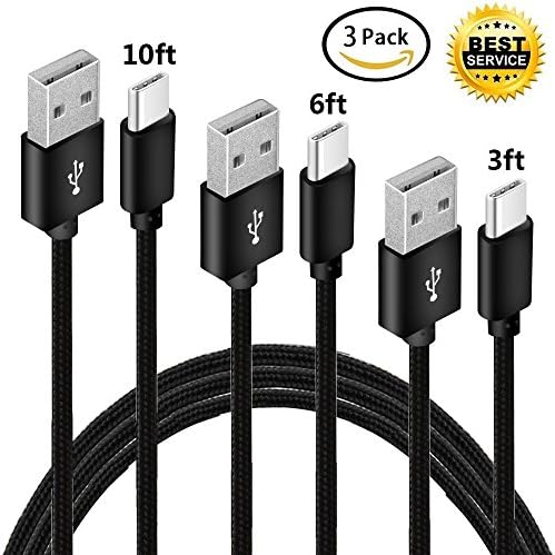 USB Type C Cable, VUV 3Pack 3FT 6FT 10FT Nylon Braided Fast Charger Cable Cord Compatible with Samsung Note 8, Galaxy S8, Apple New Macbook, Nexus 6P 5X, Google Pixel, LG G5 G6 (Black)