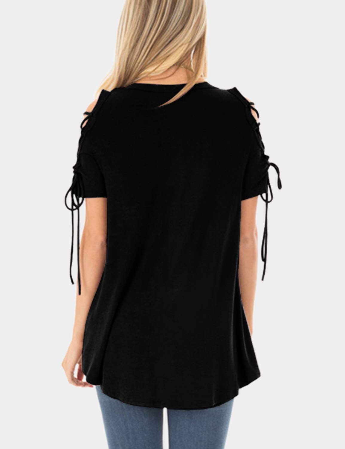 Blooming Jelly Womens Summer Cold Shoulder Tops Cut Out Square Collar Casual Tunic T Shirt for Ladies Black,S