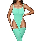 Kaei&Shi High Cut Bodysuit & Thigh High,Sheer Mesh Spaghetti Strap Sexy Tops Women,Low Back Snap Body Suit Rave Festival Club