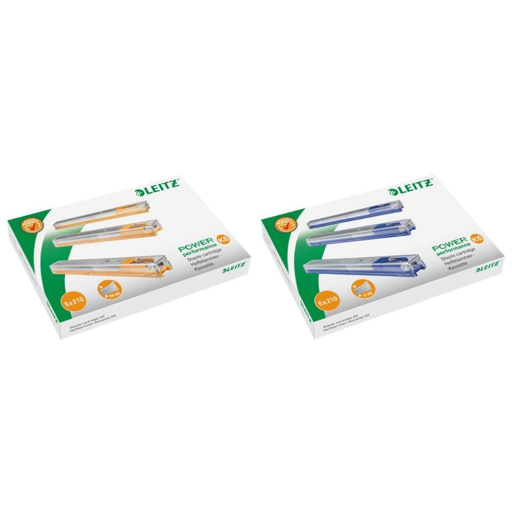 Leitz 55920000 K8 Power Performance Stapler Cartridge, 40 Sheet Capacity, Strong Steel, 1050 Staples, Length 8 mm & 55910000 K6 Power Performance Stapler Cartridge, 25 Sheet Capacity