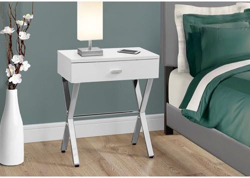 Amazon Com Hawthorne Ave Accent Table Glossy White Chrome Metal Night Stand Home Kitchen