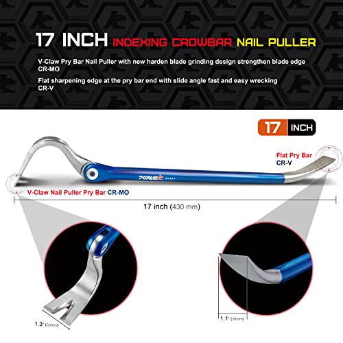 POPLOCK 17inch Indexing Pry Bar Nail Puller/Adjustable Cats Paw Deck