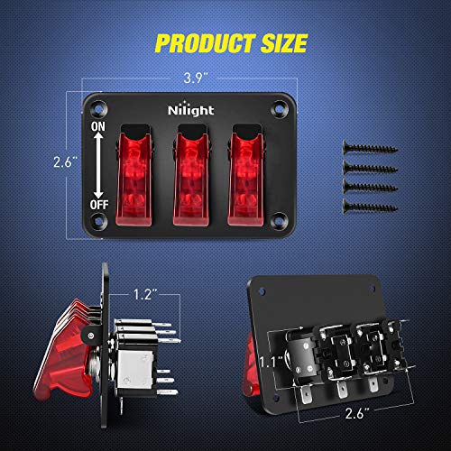 Nilight 3 Gang Toggle Switch 12V Rocker Switch Panel with LED Light and