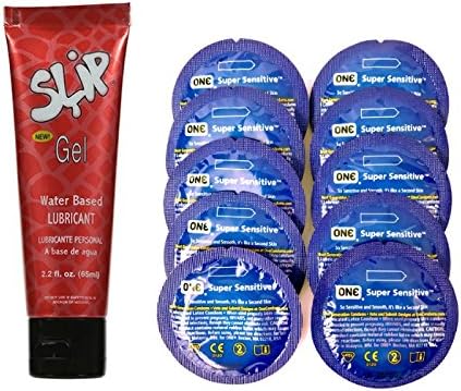 Long Lasting Water-based Personal Lubricant 2.2 Oz ForPlay Slip with Free One Condom Super Sensitive Condoms 10 Pack Bulk