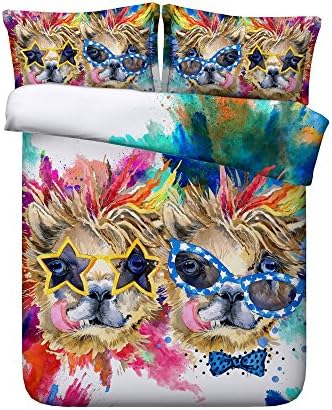HyUkoa 100% Cotton Animal Hip-Hop Alpaca Pattern Quilt Cover 3D Bedding Sets Twin Size for Kids,4PC(1pc Duvet Cover+1pc Flat Bed Sheet+2pc Pillowcase)