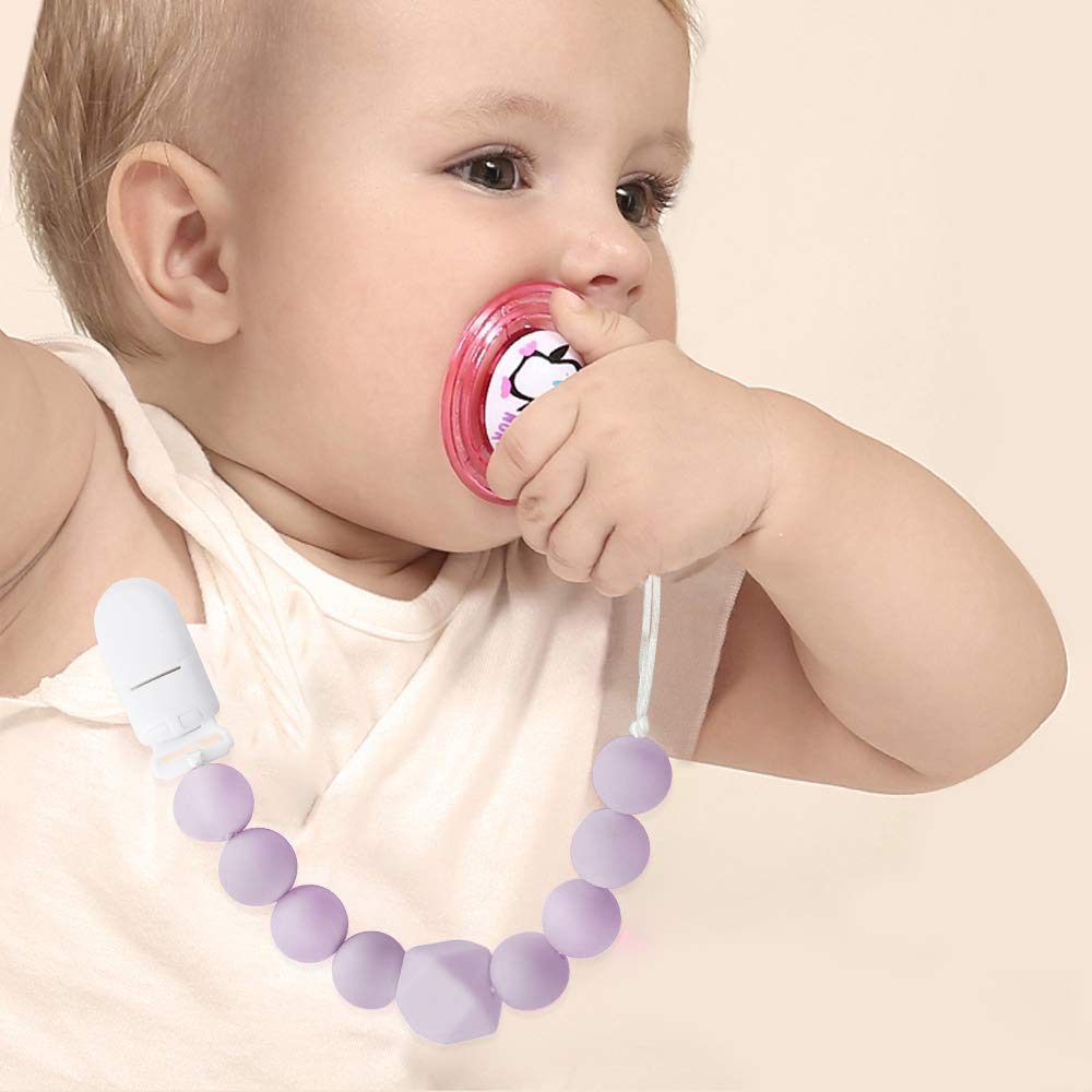 Yoofoss Pacifier Clip Silicone 4 Pack for Baby Girls BPA Free Teething Beads Fits Most Pacifier Styles & Teething Toys (Light Purple） : Baby