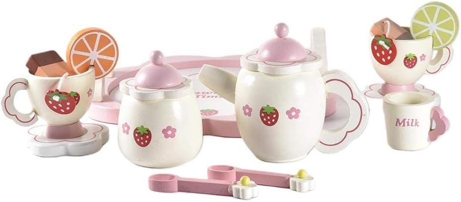 Childrens Tea Set Toddler Role Play Tea Set Toy Wooden Strawberry Afternoon Tea Children's House Tea Set Playhouse Children Toy